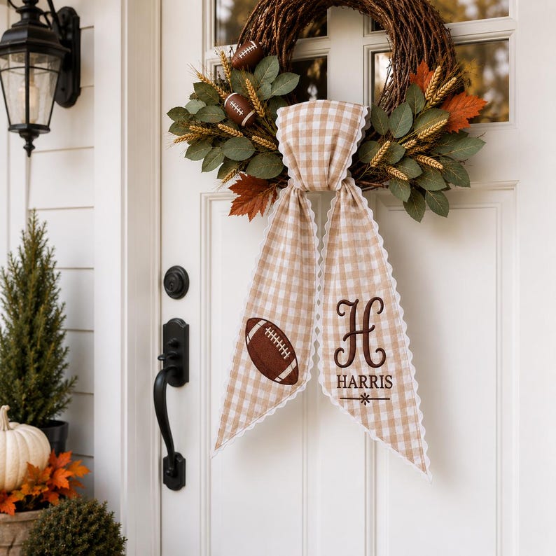 Personalized Football Wreath Sash, Monogram Gingham Wreath Bow, Fall Front Door Decor, Game Day Football Decor