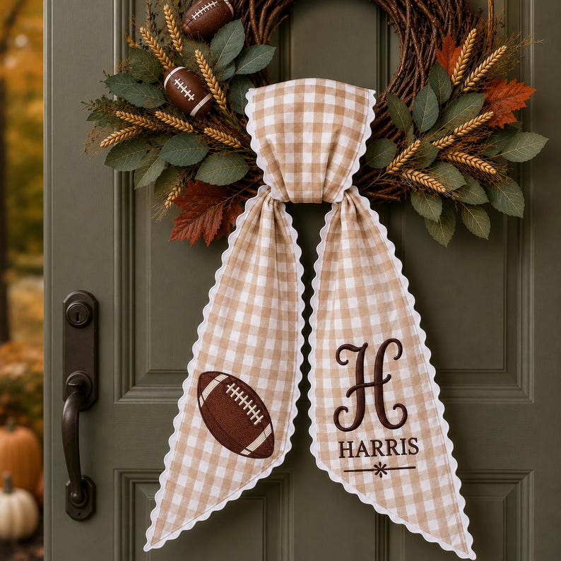 Personalized Football Wreath Sash, Monogram Gingham Wreath Bow, Fall Front Door Decor, Game Day Football Decor