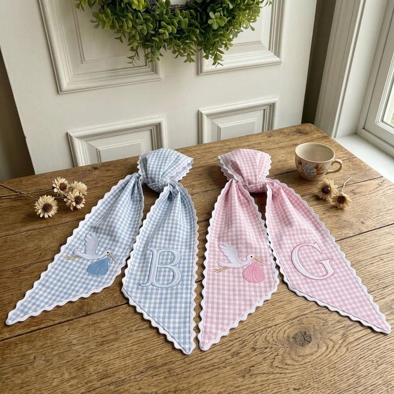 Personalized Baby Wreath Sash, Embroidered Stork Monogram Bow, Pink Blue Gingham Nursery Door Decor