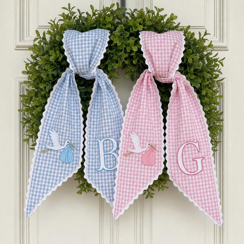 Personalized Baby Wreath Sash, Embroidered Stork Monogram Bow, Pink Blue Gingham Nursery Door Decor