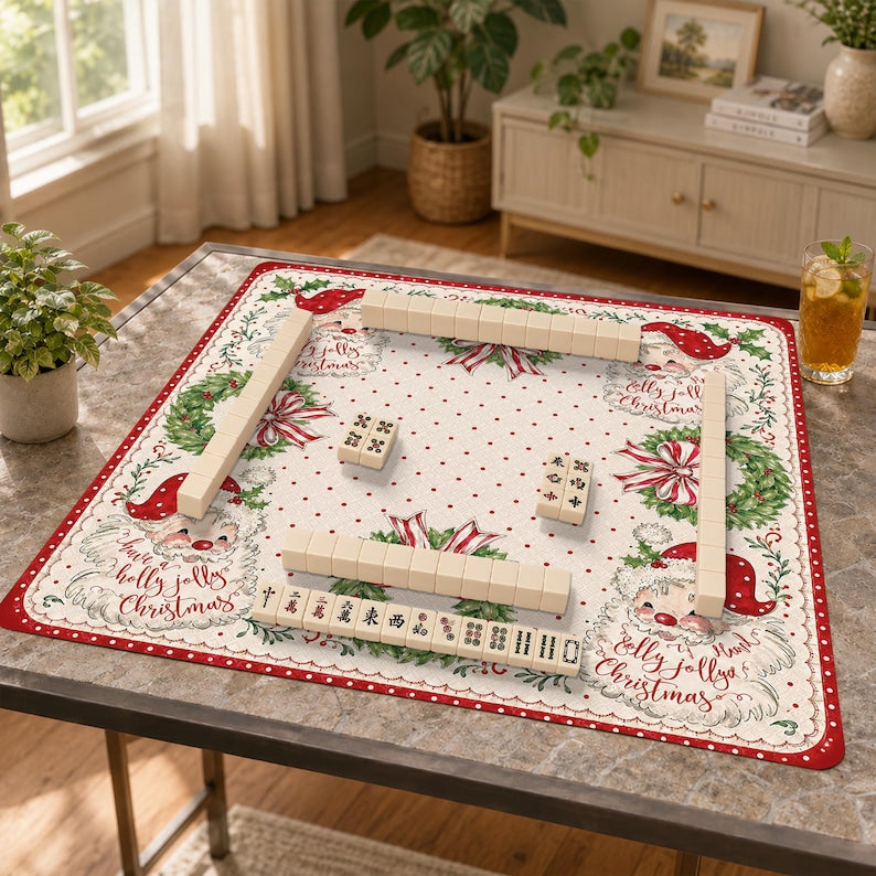 Santa Christmas Mahjong Mat, Holly Wreath Non-Slip Noise Reducing Table Cover, Holly Jolly Game Mat Gift
