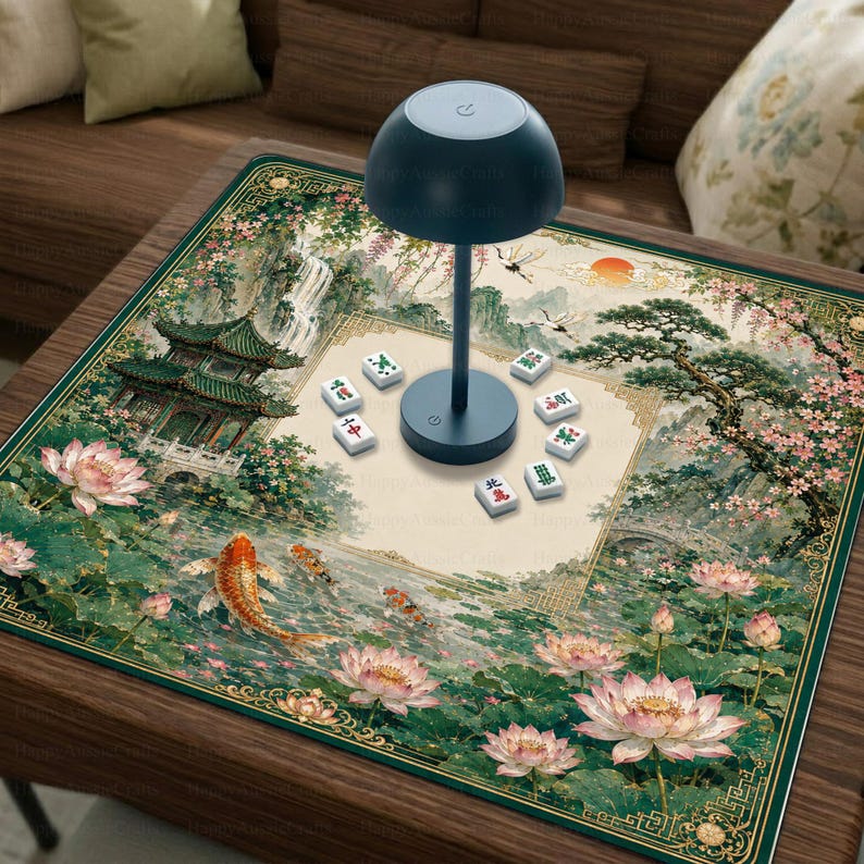 Chinese Mahjong Mat, Crane Lotus Koi Mahjong Table Mat, Asian Floral Game Mat