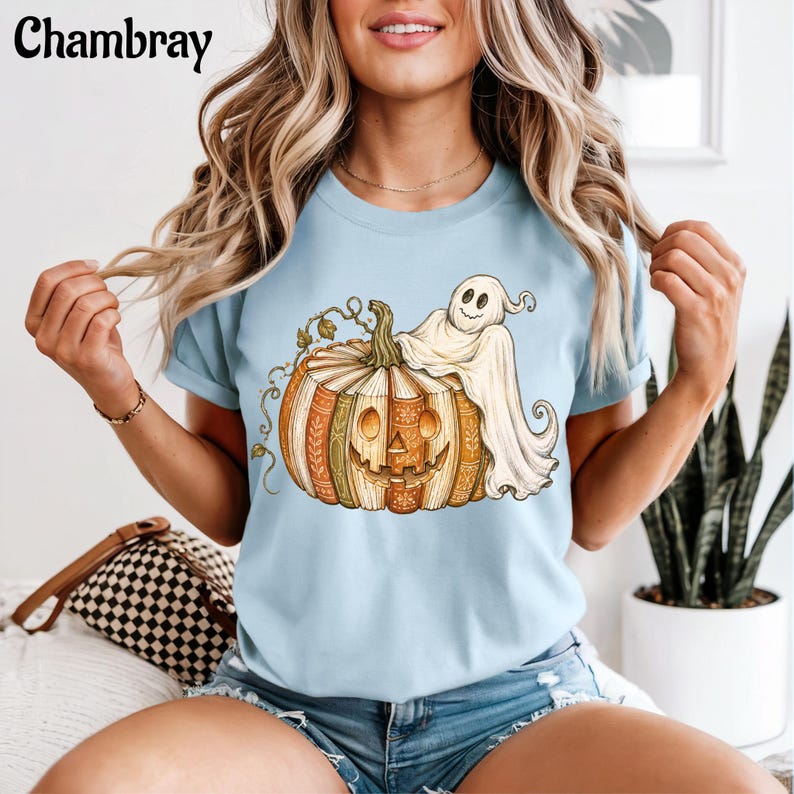 Book Pumpkin Ghost Shirt, Fall Reading Shirt, Spooky Book Lover Tee, Boho Halloween Shirt, Comfort Colors Fall Shirt