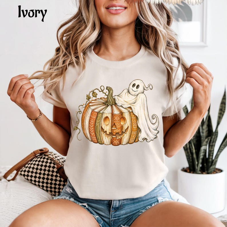 Book Pumpkin Ghost Shirt, Fall Reading Shirt, Spooky Book Lover Tee, Boho Halloween Shirt, Comfort Colors Fall Shirt
