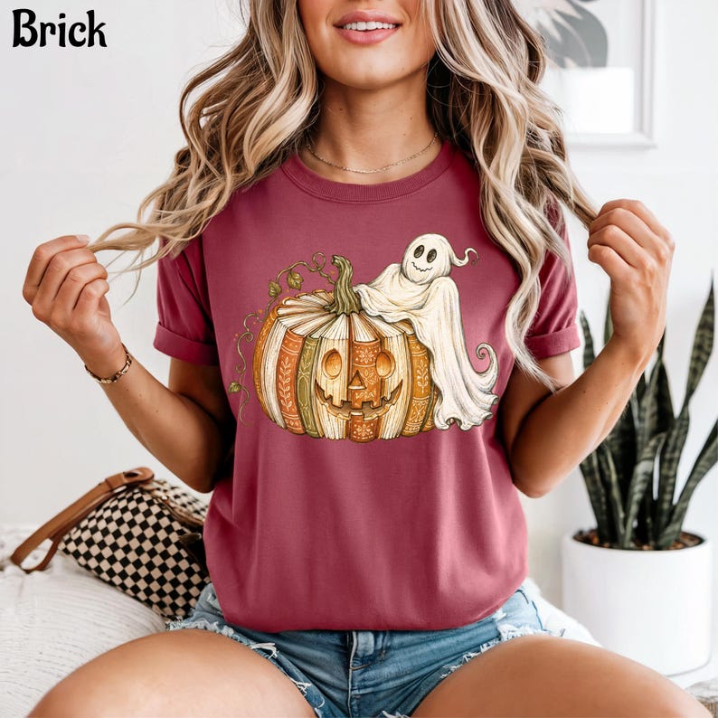 Book Pumpkin Ghost Shirt, Fall Reading Shirt, Spooky Book Lover Tee, Boho Halloween Shirt, Comfort Colors Fall Shirt