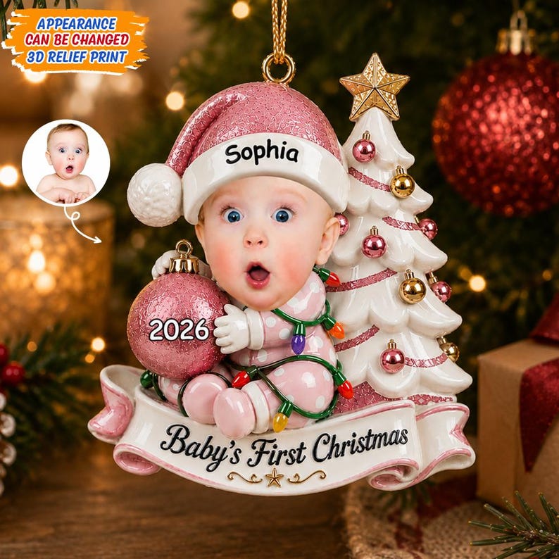 Personalized Baby First Christmas Ornament 2026, Custom Face and Name, 3D Relief Print Keepsake