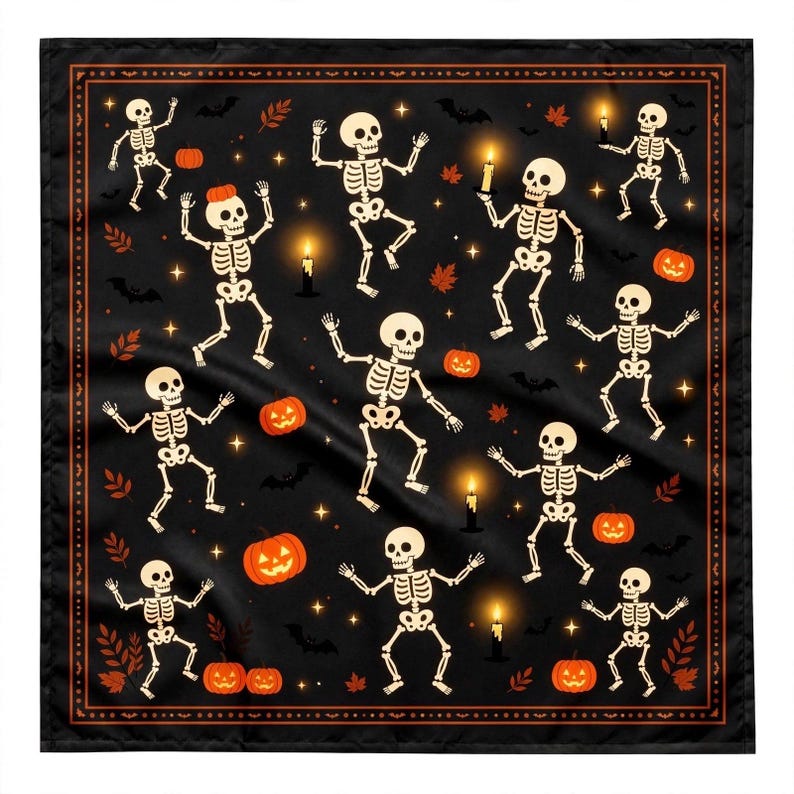 Dancing Skeleton Bandana, Spooky Halloween Headscarf, Goth Hair Wrap, Vintage Style Pumpkin Scarf, Witchy Gift