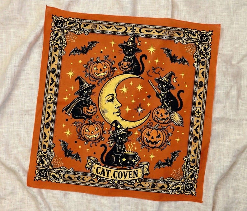 Vintage Halloween Scarf, Orange Satin Bandana, Cat Coven Hair Wrap, Spooky Black Cat Neck Tie, Retro Pumpkin Scarf
