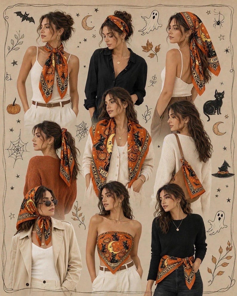 Vintage Halloween Scarf, Orange Satin Bandana, Cat Coven Hair Wrap, Spooky Black Cat Neck Tie, Retro Pumpkin Scarf
