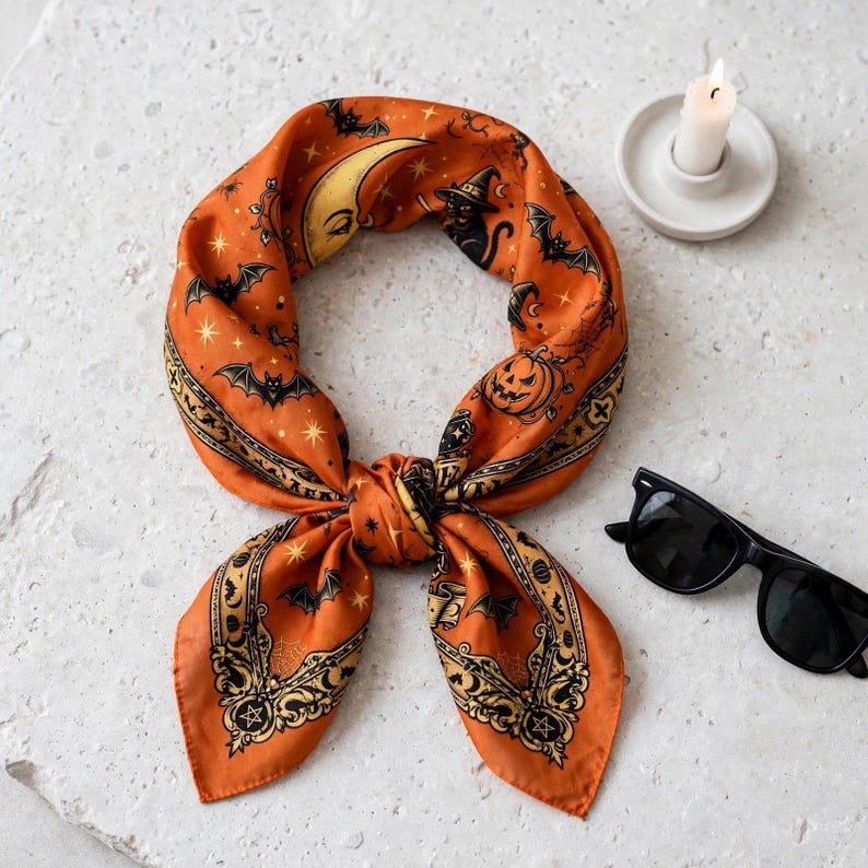 Vintage Halloween Scarf, Orange Satin Bandana, Cat Coven Hair Wrap, Spooky Black Cat Neck Tie, Retro Pumpkin Scarf