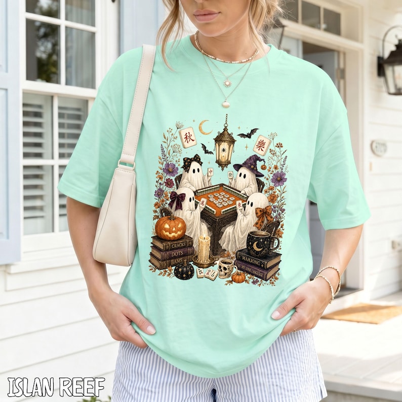 Comfort Colors Mahjong Ghost T-Shirt, Watercolor Halloween Tile Game Graphic
