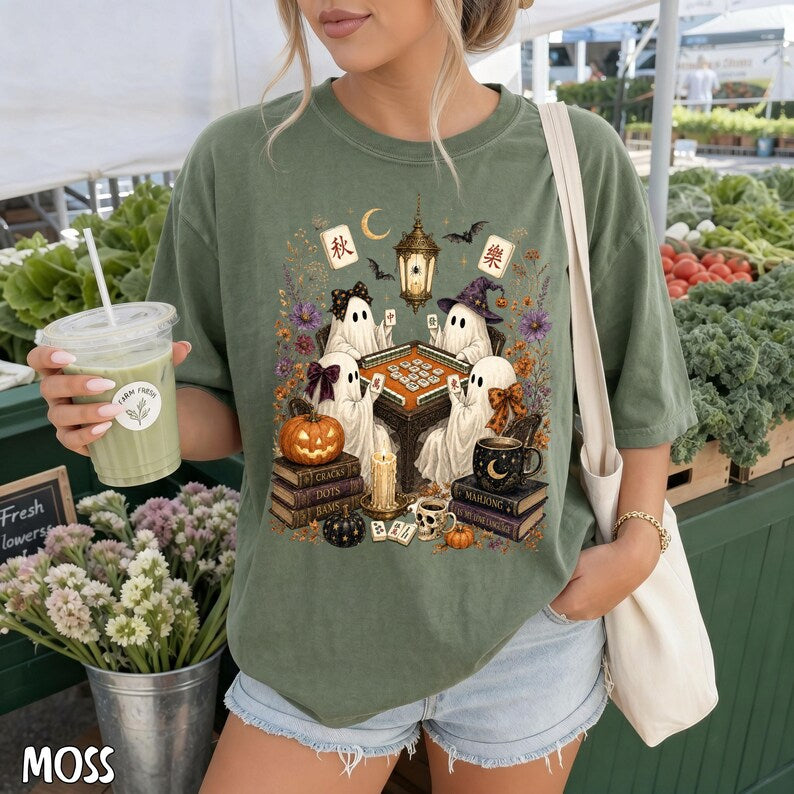 Comfort Colors Mahjong Ghost T-Shirt, Watercolor Halloween Tile Game Graphic