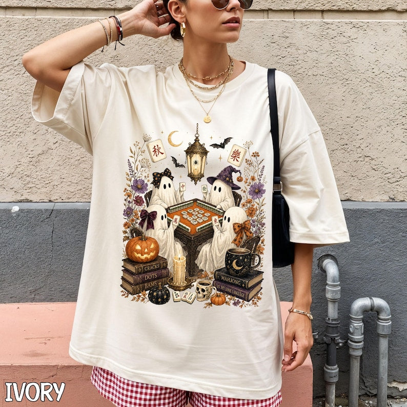Comfort Colors Mahjong Ghost T-Shirt, Watercolor Halloween Tile Game Graphic
