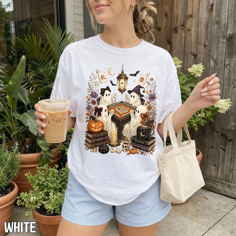 Comfort Colors Mahjong Ghost T-Shirt, Watercolor Halloween Tile Game Graphic