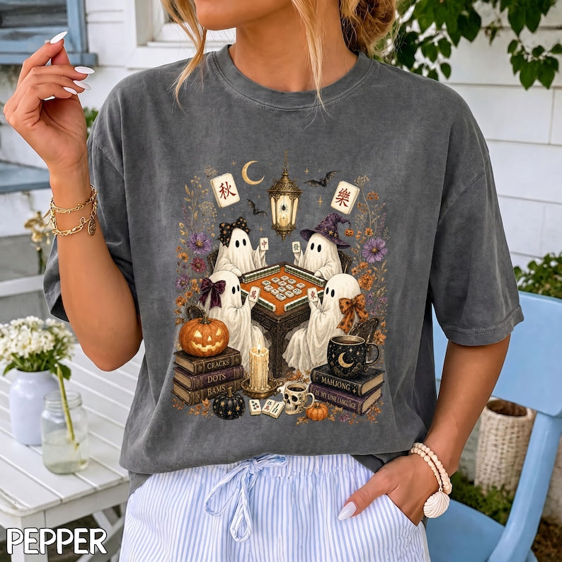 Comfort Colors Mahjong Ghost T-Shirt, Watercolor Halloween Tile Game Graphic