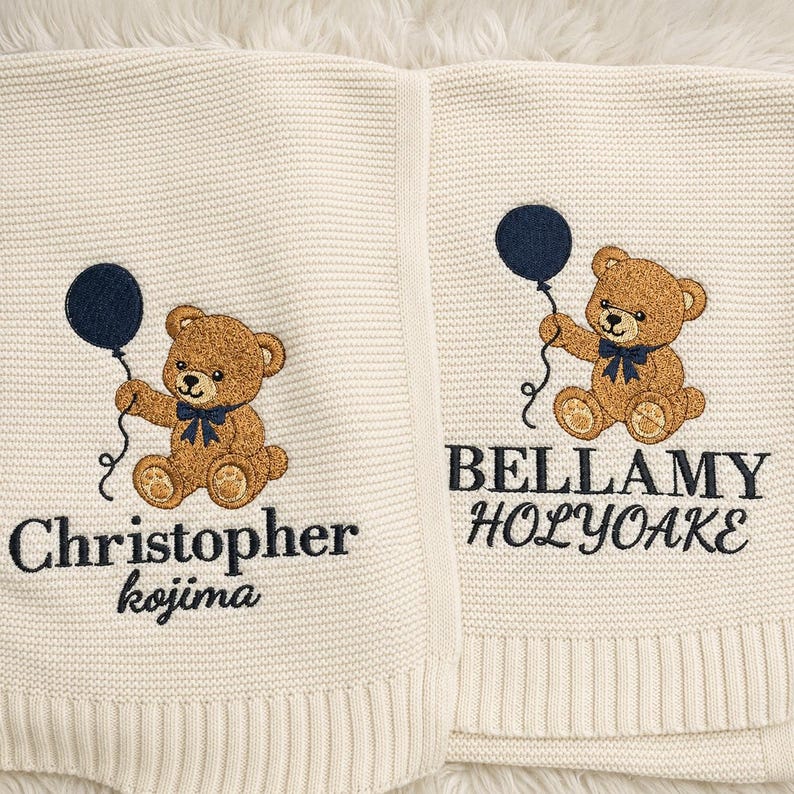 Personalized Teddy Bear Embroidered Baby Blanket, Custom Name Woodland Cabin Nursery Keepsake, Gift For Baby