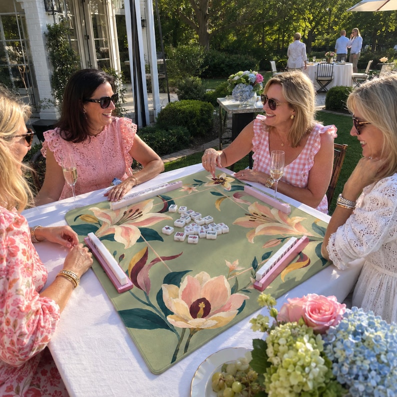 Sage Green Lily Mahjong Mat, American Mahjong Mat, Pink Floral Garden, Grandmillennial Botanical Mahjong Gift