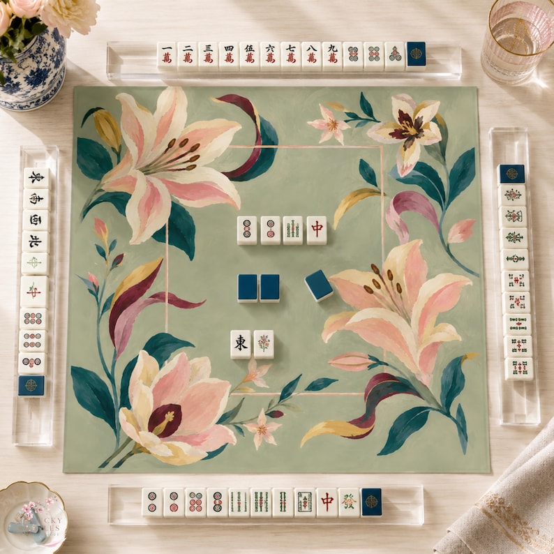 Sage Green Lily Mahjong Mat, American Mahjong Mat, Pink Floral Garden, Grandmillennial Botanical Mahjong Gift