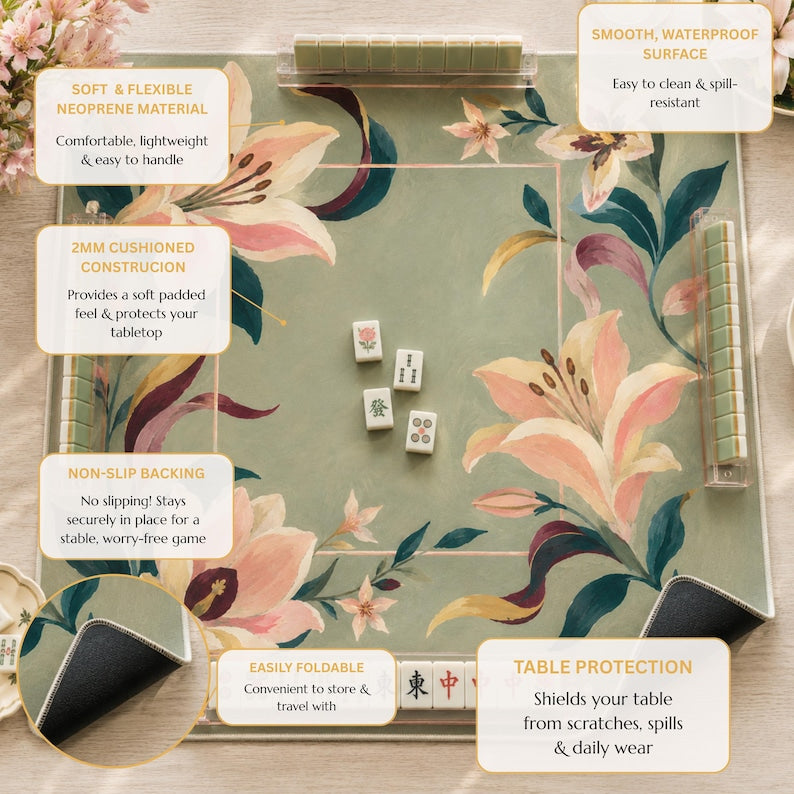 Sage Green Lily Mahjong Mat, American Mahjong Mat, Pink Floral Garden, Grandmillennial Botanical Mahjong Gift