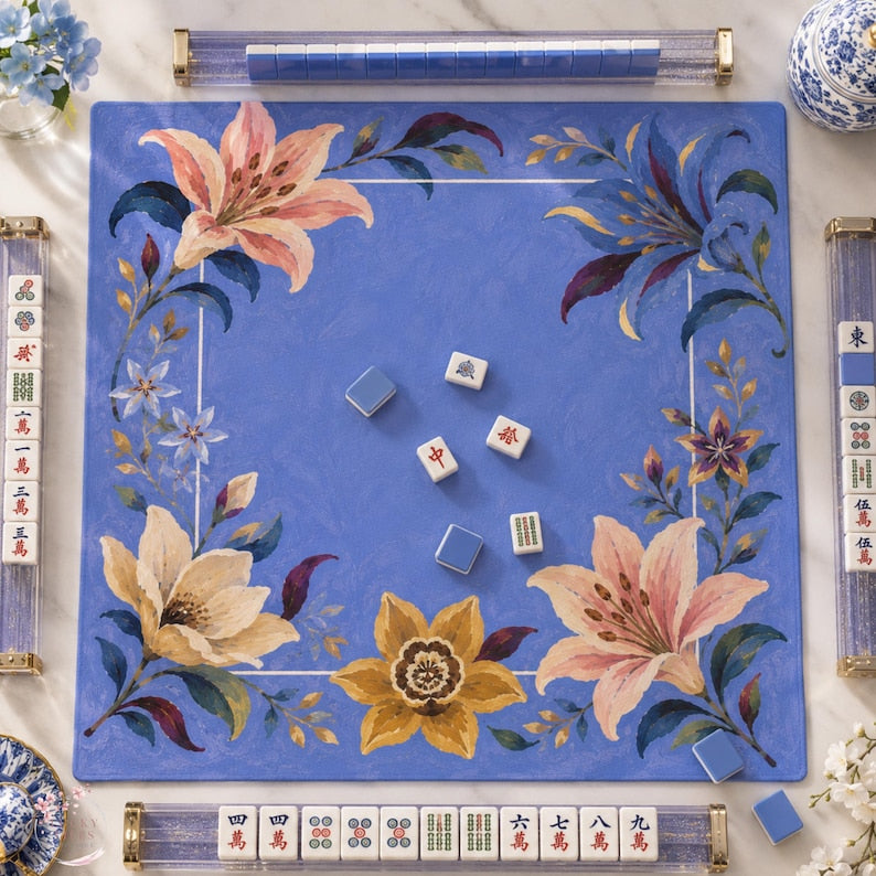 Periwinkle Blue Lily Mahjong Mat, American Mahjong Mat, Botanical Floral Garden, Grandmillennial Mahjong Gift