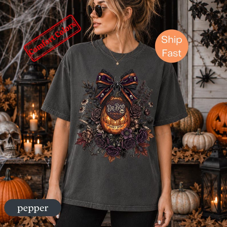 Dark Floral Halloween Shirt, Comfort Colors Gothic Pumpkin Bow Tee