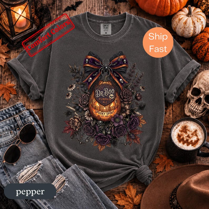 Dark Floral Halloween Shirt, Comfort Colors Gothic Pumpkin Bow Tee
