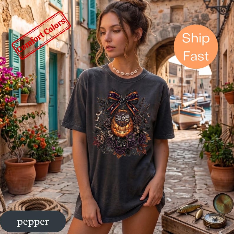 Dark Floral Halloween Shirt, Comfort Colors Gothic Pumpkin Bow Tee