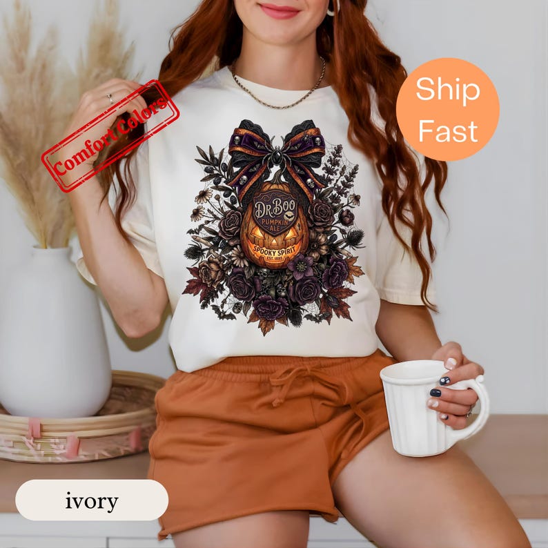 Dark Floral Halloween Shirt, Comfort Colors Gothic Pumpkin Bow Tee