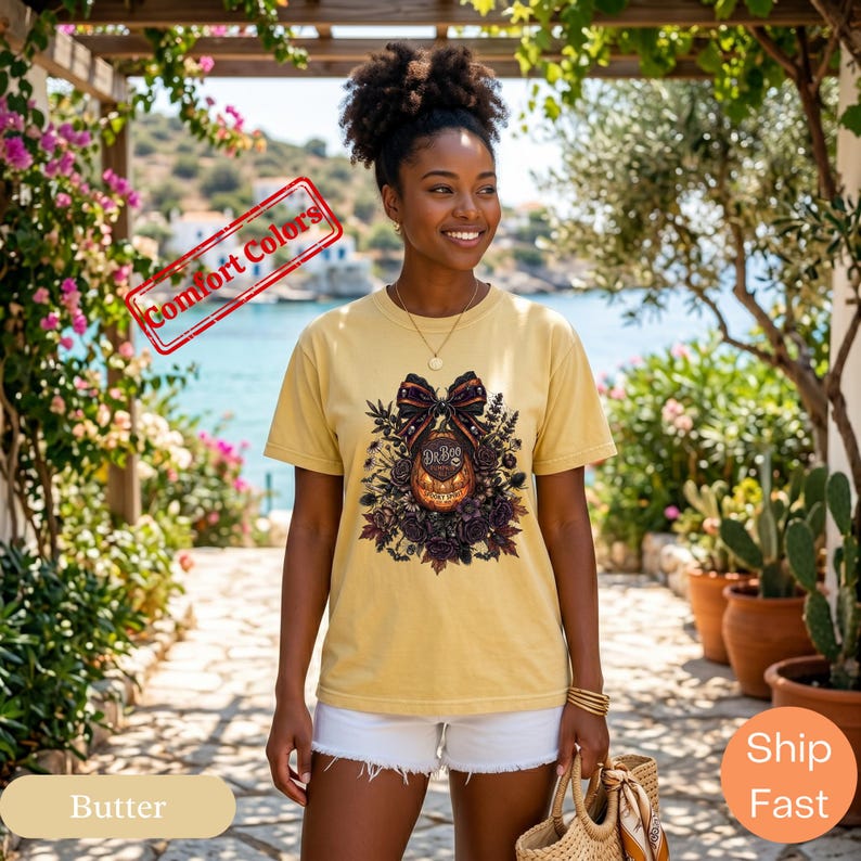 Dark Floral Halloween Shirt, Comfort Colors Gothic Pumpkin Bow Tee