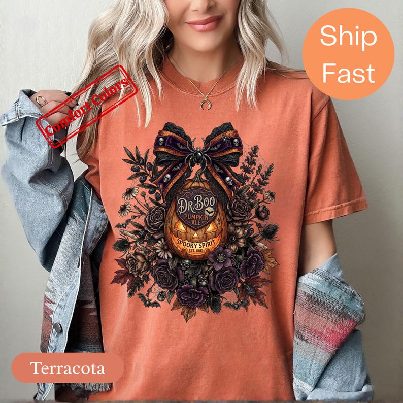 Dark Floral Halloween Shirt, Comfort Colors Gothic Pumpkin Bow Tee