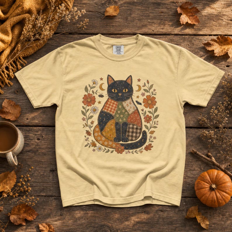 Comfort Colors Faux Patchwork Halloween Cat Tee, Cottagecore Fall T-Shirt, Spooky Season Cat Lover Gift