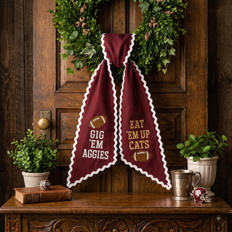 House Divided Football Wreath Sash, Embroidered Game Day Door Ribbon, Custom Team Spirit Decor