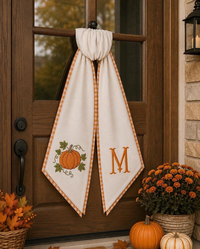 Embroidered Monogrammed Pumpkin Halloween Thanksgiving Fall Wreath Sash, Sash Pumpkin Front Door Bow