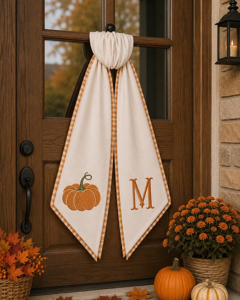 Embroidered Monogrammed Pumpkin Halloween Thanksgiving Fall Wreath Sash, Sash Pumpkin Front Door Bow