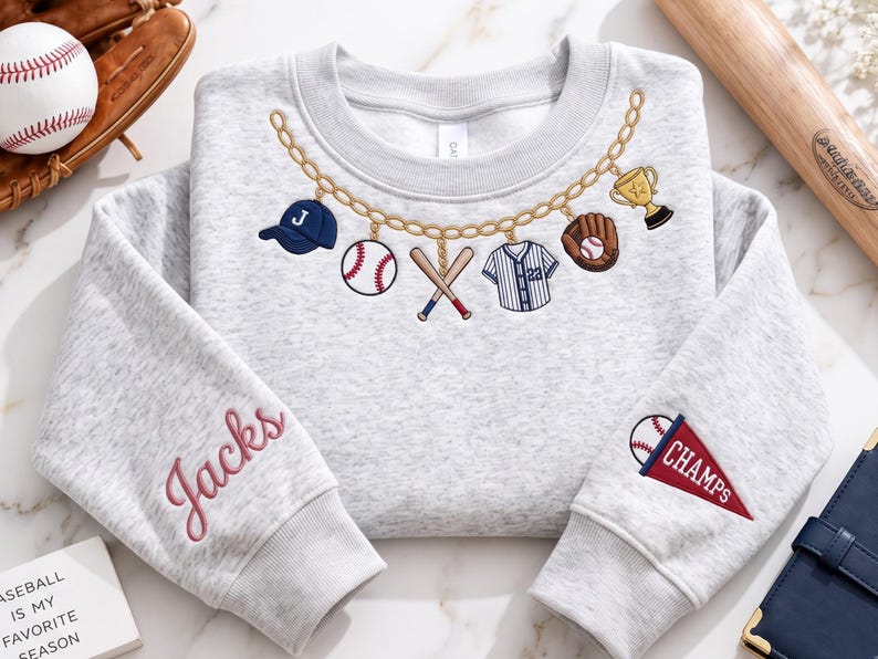 Personalized Baseball Necklace Sweatshirt, Custom Baseball Crewneck, Baseball Charm Embroidery, Player Number Gift