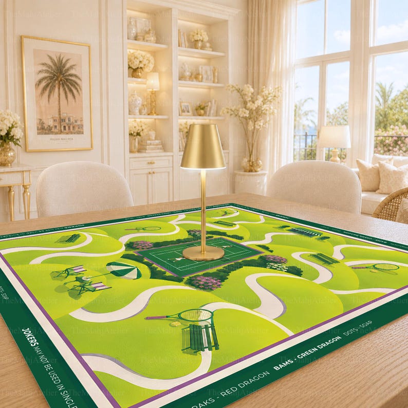 Tennis Garden Mahjong Mat, Country Club Court Floral Design, Non-slip Table Cover