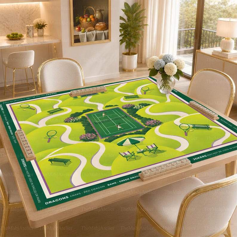 Tennis Garden Mahjong Mat, Country Club Court Floral Design, Non-slip Table Cover