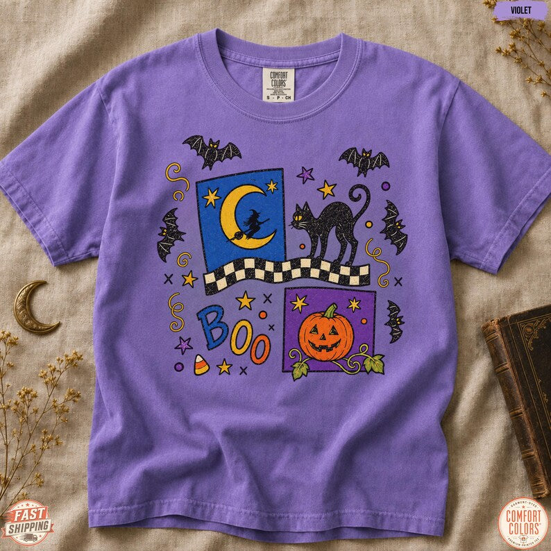 Comfort Colors Retro Halloween Shirt, Vintage Black Cat Pumpkin Collage, Spooky Season Witch Graphic