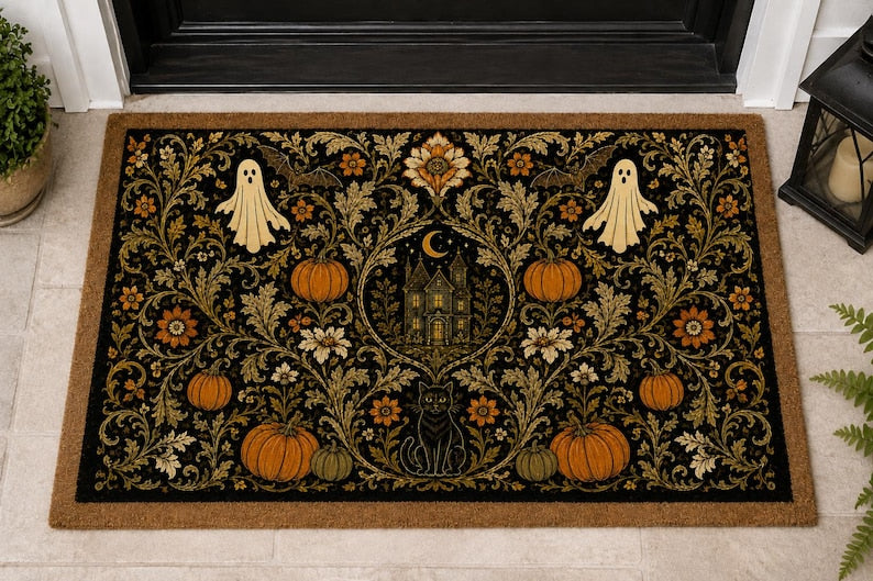 Vintage Halloween Coir Doormat, Gothic Pumpkin Black Cat Door Mat