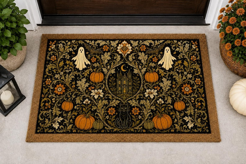Vintage Halloween Coir Doormat, Gothic Pumpkin Black Cat Door Mat