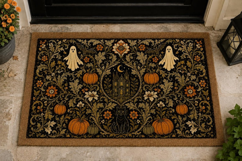 Vintage Halloween Coir Doormat, Gothic Pumpkin Black Cat Door Mat