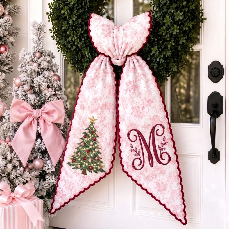 Custom Embroidery Christmas Tree Name Toile Wreath Sash, Personalize Monogram Bow Christmas Decor, Stripe Ribbon Bow