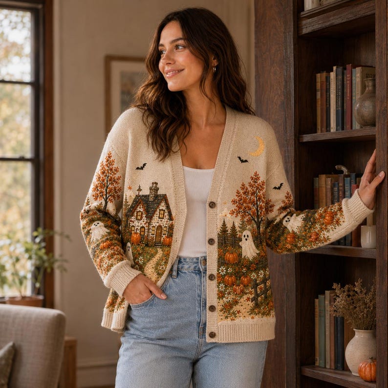 Cottagecore Fall Cardigan, Pumpkin Knit Sweater for Women, Vintage Autumn Countryside Cardigan, Cozy Harvest Button Sweater