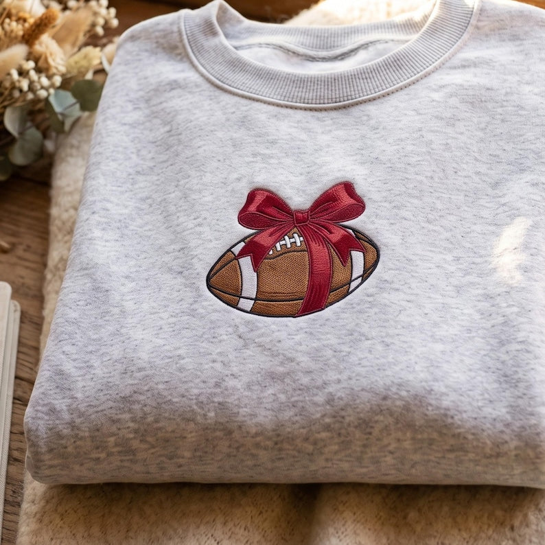 Embroidered Coquette Red Bow Football Sweatshirt, Game Day Crewneck, Fall Thanksgiving Football Pullover