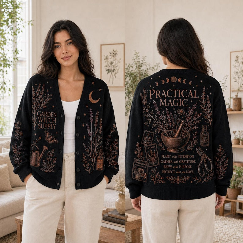 Garden Witch Supply Cardigan, Green Witch Botanical Knit Sweater, Celestial Herb Mortar Halloween Top, Cozy Fall Gift