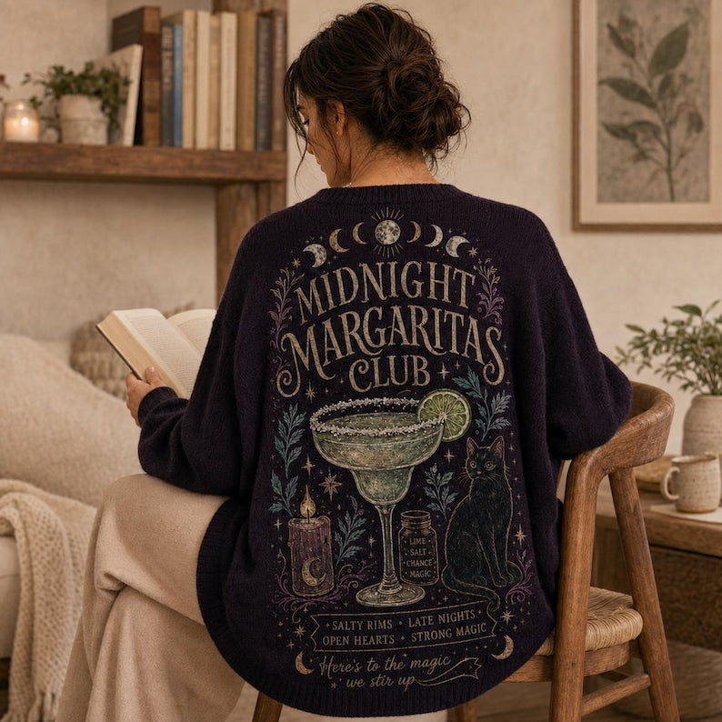 Midnight Margaritas Halloween Cardigan, Practical Magic Witchy Knit Sweater, Cozy Fall Gift