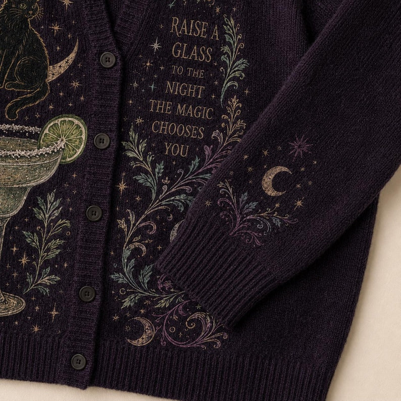 Midnight Margaritas Halloween Cardigan, Practical Magic Witchy Knit Sweater, Cozy Fall Gift