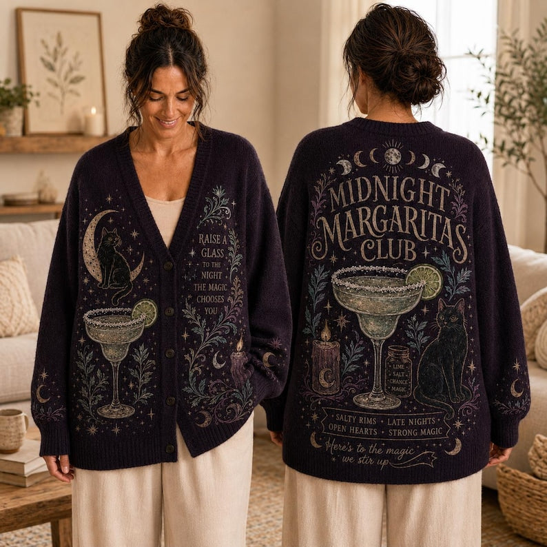 Midnight Margaritas Halloween Cardigan, Practical Magic Witchy Knit Sweater, Cozy Fall Gift