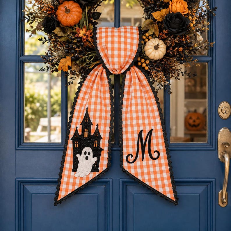 Personalized Halloween Door Bow, Embroidered Ghost Haunted House Sash, Monogram Initial, Orange Stripe