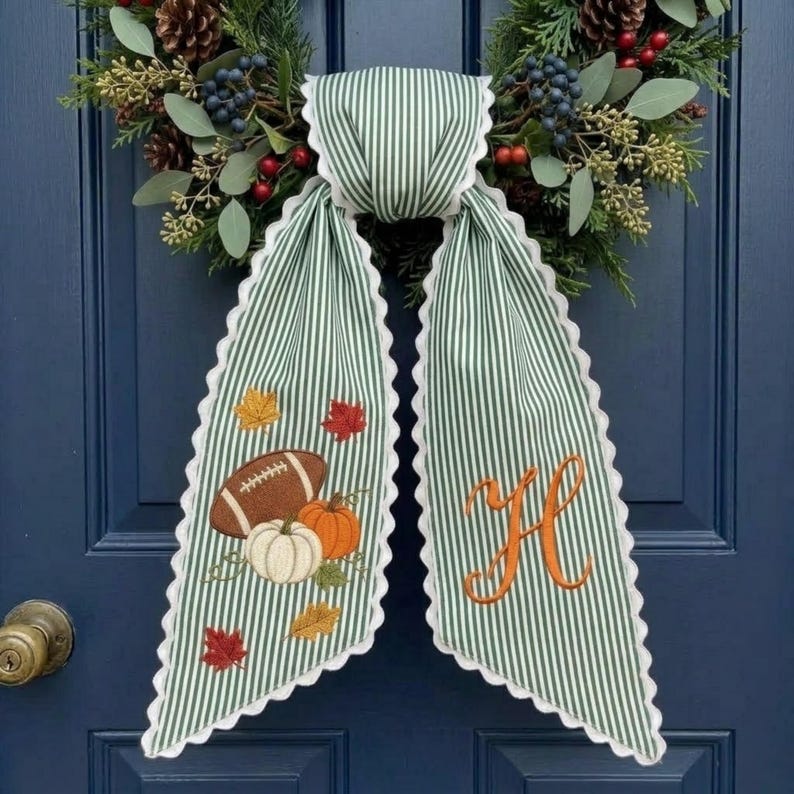 Personalized Football Pumpkin Wreath Sash, Embroidered Fall Door Decor, Thanksgiving Monogram Bow